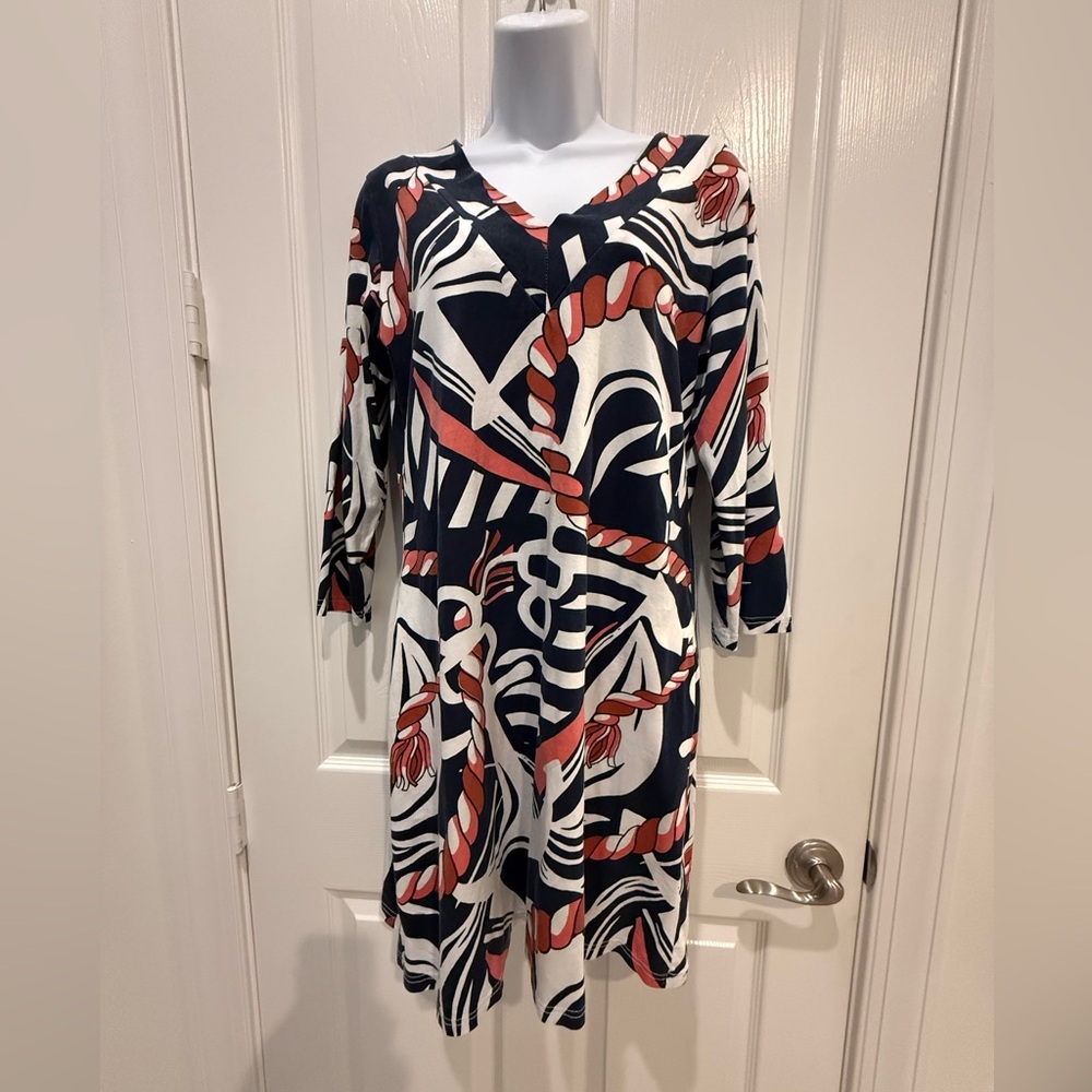 Barbara Gerwit Navy and Red Nautical Anchor Patterned Dress, Large